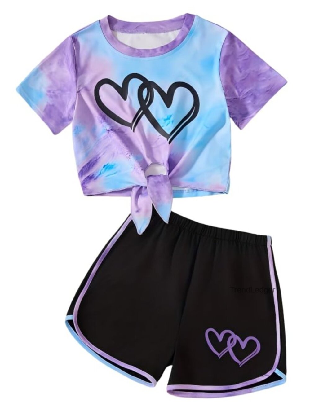 Girls 2-Piece Outfit Tie Knot Top & Heart Shorts Cotton Blend Summer Set 7-14Y